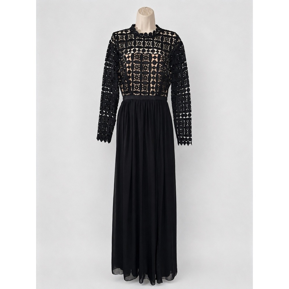 Slate & Willow Black Lace Illusion Long Sleeve Maxi Dress Gown Size 8